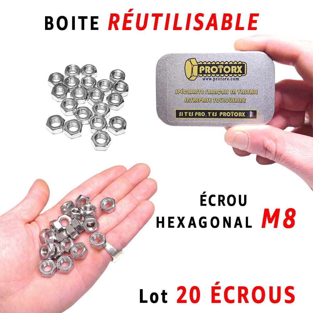 Boite Écrou Hexagonal M8 : Boite 20pcs, Inox A2