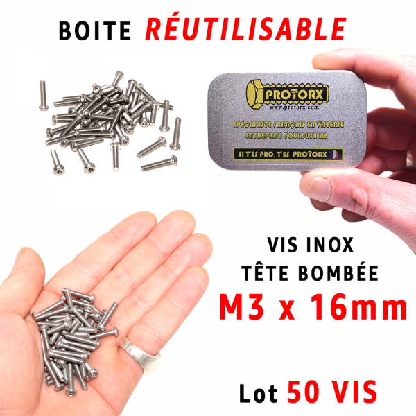 Boite Vis Tête Bombée M3 x 16mm | Acier Inox A2 : PROTORX