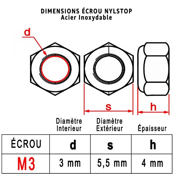 Dimensions Écrous "HI" M3 : PROTORX