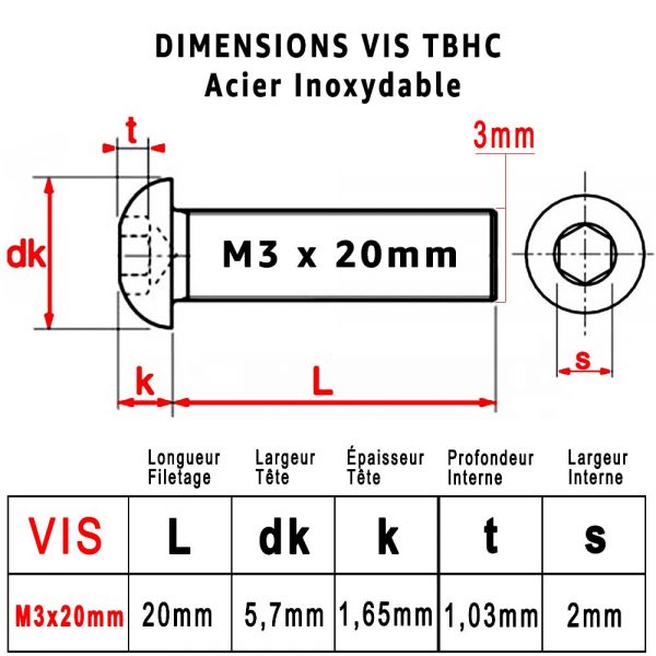 Dimensions Vis "TBHC" M3 x 20mm : PROTORX