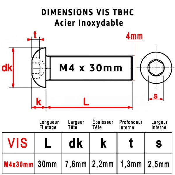 Dimensions Vis "TBHC" M4 x 30mm : PROTORX